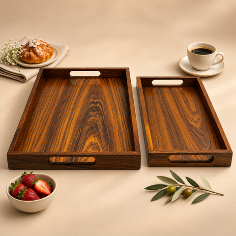 Joud wooden tray set on a warm beige background with props around the trays