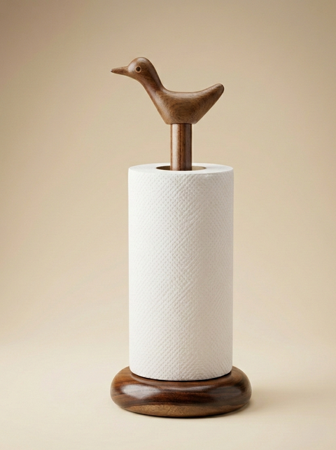 Wooden paper towel holder with bird design on a beige background
