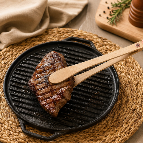 HeatSafe Wooden Serving Tongs holding a grilled steak