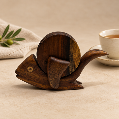 Wooden fish coaster holder styled with tea and linen