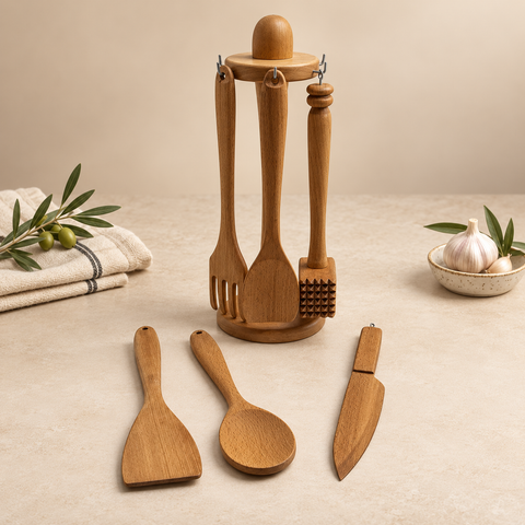 Six wooden kitchen utensils with matching stand on a warm beige background