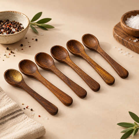 Six handcrafted Jozour wooden spice spoons - hero photograph