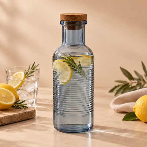 The Flow Bottle - 1.5 liter blue ribbed glass bottle with cork lid