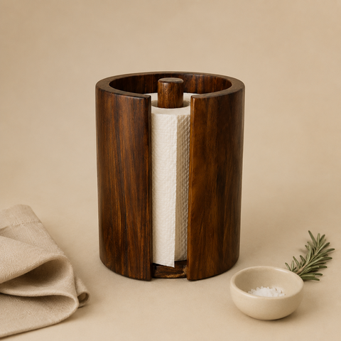 Dark wooden cylinder paper towel holder front view