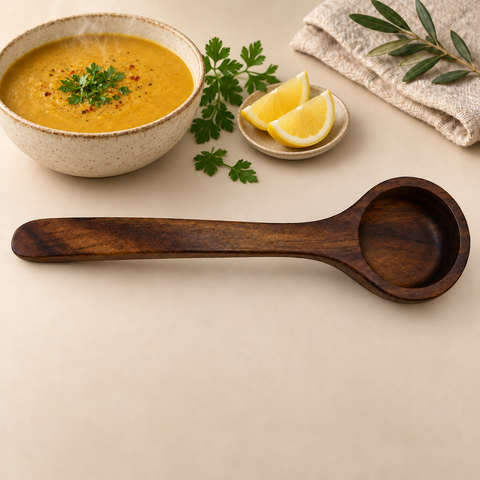 Deep Serving Spoon with soup, lemon and herbs on a warm beige background