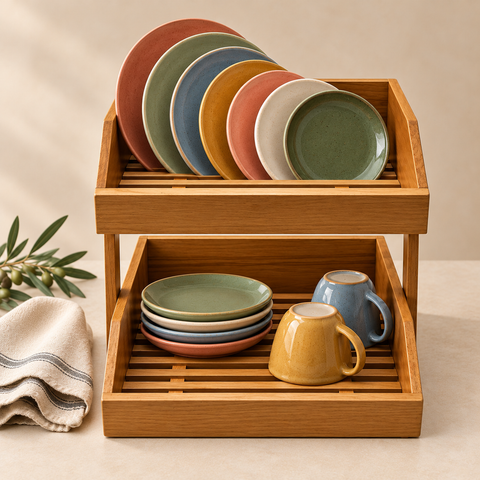 Wooden dish rack with colourful ceramic plates and cups on beige background