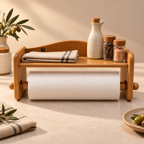 Paper Towel Shelf with a paper towel roll and kitchen accessories on its upper shelf