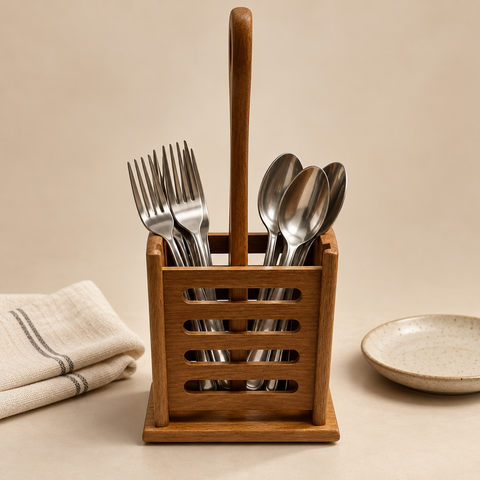 Wooden spoons holder with cutlery on a warm beige background