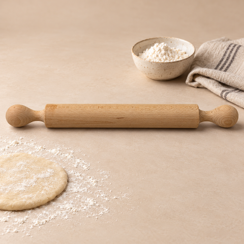 Zan Wooden Rolling Pin styled with baking essentials on warm beige