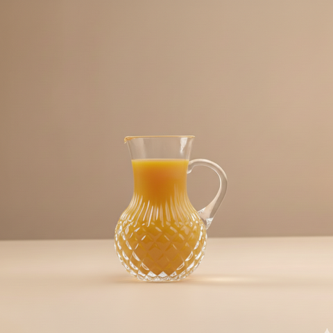 Clear glass pitcher filled with orange juice on a beige background