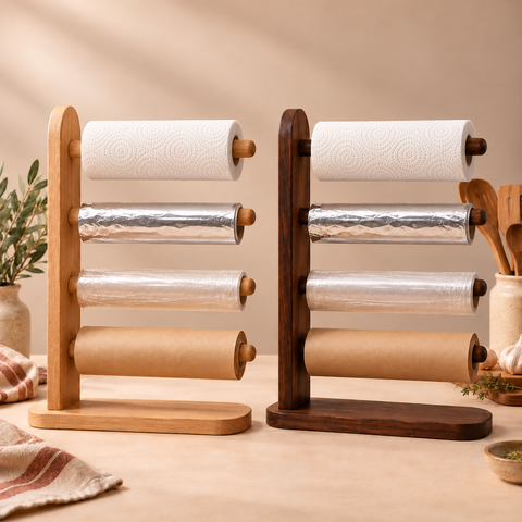 Kitchen Roll Station Beige and Mahogany colors with slim kitchen paper, foil, cling film and baking paper rolls