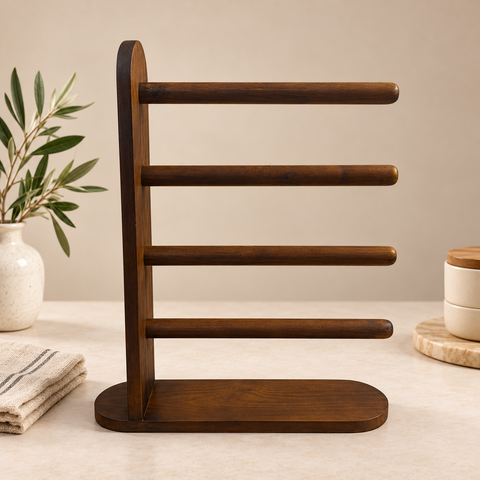 4-Bar Stand variant of the Kitchen Roll Station in dark stained wood