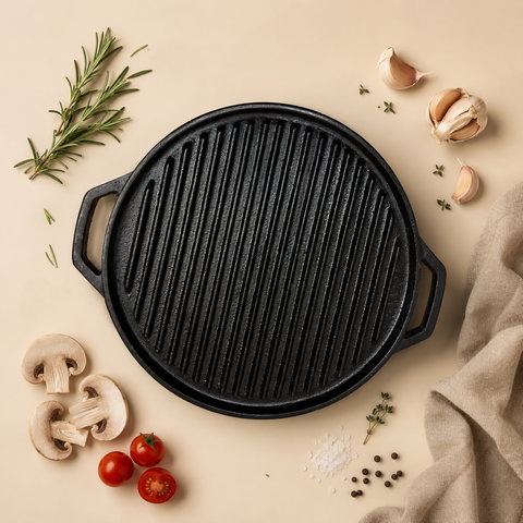Round black cast iron grill pan with dual handles, top view