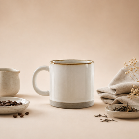 Stone Rim Mug in warm beige lifestyle setting