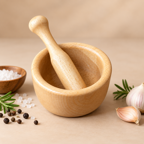 The Daily Grind Zan wood mortar and pestle front view